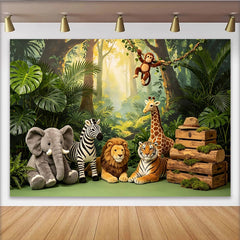 Lofaris Lush Green Jungle Animal Photography Backdrop with Safari Animals, Vibrant Forest Theme Background for Kids Photoshoot