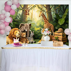 Lofaris Lush Green Jungle Safari Baby Shower Backdrop with Plush Animals, Wild One Photography Background for Kids Birthday Party