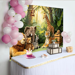 Lofaris Lush Green Jungle Safari Baby Shower Backdrop with Plush Animals, Wild One Photography Background for Kids Birthday Party