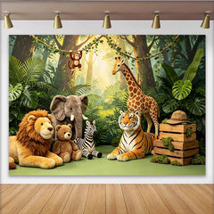 Lofaris Lush Green Jungle Safari Baby Shower Backdrop with Plush Animals, Wild One Photography Background for Kids Birthday Party