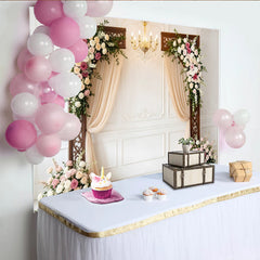 Lofaris Elegant White Paneled Wall Wedding Backdrop with Floral Arches and Drapes, Romantic Photo Booth Background for Ceremony