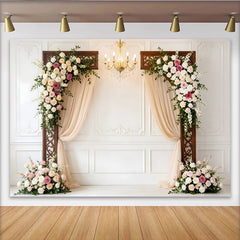 Lofaris Elegant White Paneled Wall Wedding Backdrop with Floral Arches and Drapes, Romantic Photo Booth Background for Ceremony