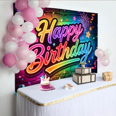 Lofaris Vibrant Neon Happy Birthday Brick Wall Backdrop with Rainbow Colors, Sparkling Confetti Party Background for Festive Celebration Decor