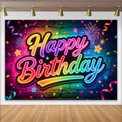 Lofaris Vibrant Neon Happy Birthday Brick Wall Backdrop with Rainbow Colors, Sparkling Confetti Party Background for Festive Celebration Decor