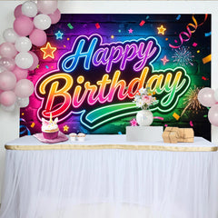 Lofaris Vibrant Neon Happy Birthday Backdrop with Brick Wall and Confetti, Colorful Fireworks and Stars Design, Festive Party Background