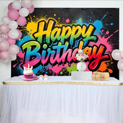 Lofaris Colorful Graffiti Happy Birthday Backdrop with Paint Splatter, Vibrant Party Background for Celebration Photo Booth