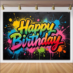 Lofaris Colorful Graffiti Happy Birthday Backdrop with Paint Splatter, Vibrant Party Background for Celebration Photo Booth