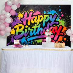 Lofaris Vibrant Graffiti Happy Birthday Backdrop with Colorful Paint Splatters, Modern Street Art Background for Party Decor and Photoshoot