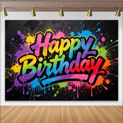 Lofaris Vibrant Graffiti Happy Birthday Backdrop with Colorful Paint Splatters, Modern Street Art Background for Party Decor and Photoshoot