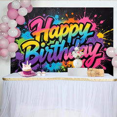 Lofaris Graffiti Rainbow Happy Birthday Backdrop with Colorful Paint Splatters, Vibrant Party Background for Photo Booth Decor