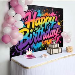 Lofaris Graffiti Rainbow Happy Birthday Backdrop with Colorful Paint Splatters, Vibrant Party Background for Photo Booth Decor
