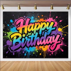 Lofaris Graffiti Rainbow Happy Birthday Backdrop with Colorful Paint Splatters, Vibrant Party Background for Photo Booth Decor