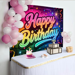 Lofaris Vibrant Neon Happy Birthday Photography Backdrop, Colorful Brick Wall Background for Party Decor and Photoshoot
