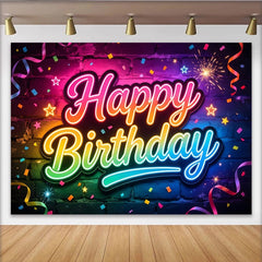 Lofaris Vibrant Neon Happy Birthday Photography Backdrop, Colorful Brick Wall Background for Party Decor and Photoshoot