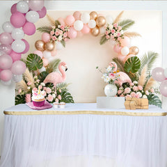 Lofaris Pink and Gold Balloon Arch Flamingo Tropical Birthday Backdrop, Lush Greenery and Roses Party Background for Girls Photoshoot