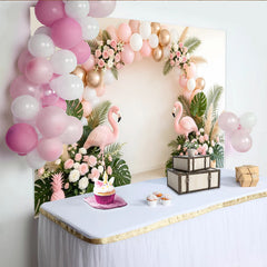 Lofaris Pink and Gold Balloon Arch Flamingo Tropical Birthday Backdrop, Lush Greenery and Roses Party Background for Girls Photoshoot