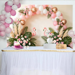 Lofaris Pink Flamingo Birthday Backdrop with Tropical Leaves and Balloons, Elegant Floral Party Background for Summer Celebration Photoshoot