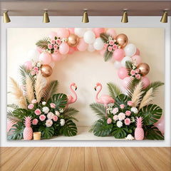 Lofaris Pink Flamingo Birthday Backdrop with Tropical Leaves and Balloons, Elegant Floral Party Background for Summer Celebration Photoshoot