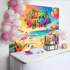 Lofaris Vibrant Tropical Flamingo Birthday Backdrop with Palm Trees, Colorful Beach Party Background for Summer Photoshoot