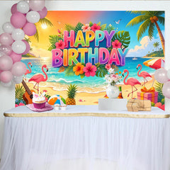 Lofaris Colorful Tropical Beach Birthday Backdrop with Flamingos and Palm Trees, Vibrant Party Photography Background for Celebration