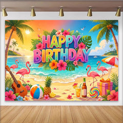 Lofaris Colorful Tropical Beach Birthday Backdrop with Flamingos and Palm Trees, Vibrant Party Photography Background for Celebration