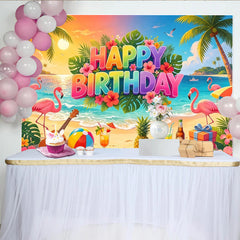 Lofaris Vibrant Tropical Flamingo Happy Birthday Backdrop with Palm Trees, Beach Party Decor for Summer Photoshoot and Festive Celebration