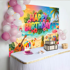 Lofaris Vibrant Tropical Flamingo Happy Birthday Backdrop with Palm Trees, Beach Party Decor for Summer Photoshoot and Festive Celebration