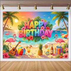 Lofaris Vibrant Tropical Flamingo Happy Birthday Backdrop with Palm Trees, Beach Party Decor for Summer Photoshoot and Festive Celebration