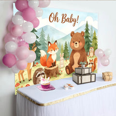 Lofaris Cute Watercolor Woodland Animals Oh Baby Shower Backdrop, Forest Mountain Scenery Photography Background for Party