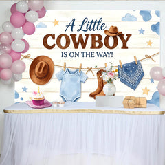 Lofaris Little Cowboy Is On The Way Baby Shower Backdrop with Boots and Hat, Rustic Wood Background for Gender Reveal Party Decoration