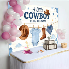 Lofaris A Little Cowboy Is On The Way Baby Shower Backdrop with Blue Cow Print and Western Decor, Rustic Wood Background for Boy Party