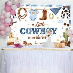 Lofaris Western Cowboy Baby Shower Backdrop for Boy, featuring Boots, Hat, and Lasso, a Little Cowboy is on the Way Party Background