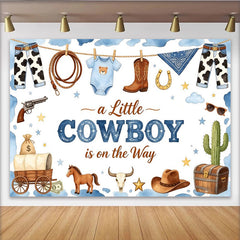 Lofaris Western Cowboy Baby Shower Backdrop for Boy, featuring Boots, Hat, and Lasso, a Little Cowboy is on the Way Party Background