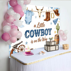 Lofaris Blue Watercolor Cowboy Baby Shower Backdrop with Boots and Hat, Western Themed Photography Background for Little Boy Welcome Party