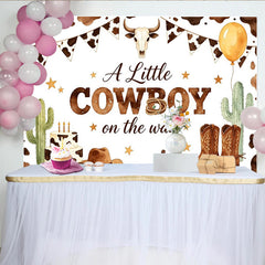 Lofaris A Little Cowboy on the Way Baby Shower Backdrop, Western Cow Print Photo Background with Boots and Hat