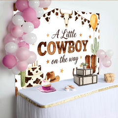 Lofaris A Little Cowboy on the Way Baby Shower Backdrop, Western Cow Print Photo Background with Boots and Hat