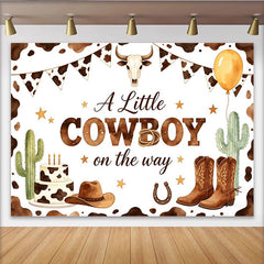 Lofaris A Little Cowboy on the Way Baby Shower Backdrop, Western Cow Print Photo Background with Boots and Hat
