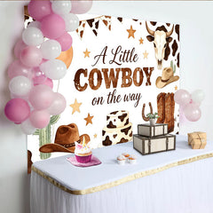 Lofaris A Little Cowboy on the Way Baby Shower Backdrop with Cow Print, Balloons and Cactus, Western Background for Boy Party