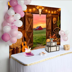 Lofaris Rustic Western Barn Photography Backdrop with Open Doors, Sunset Red Barn Field, and Cowboy Props, Studio Background for Photoshoot