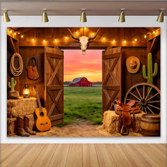 Lofaris Rustic Western Barn Photography Backdrop with Open Doors, Sunset Red Barn Field, and Cowboy Props, Studio Background for Photoshoot