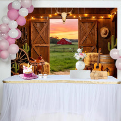 Lofaris Rustic Western Photography Backdrop with Barn Door and Sunset View, Cowboy Farm Studio Background for Photoshoot