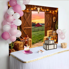 Lofaris Rustic Western Photography Backdrop with Barn Door and Sunset View, Cowboy Farm Studio Background for Photoshoot