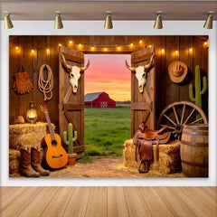 Lofaris Rustic Western Barn Photography Backdrop with Open Doors, Scenic Sunset Red Barn Background for Studio Photoshoot