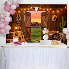 Lofaris Western Barn Photography Backdrop, Open Doors and Sunset View, Farmhouse Background for Cowboy Theme Party or Studio Photos