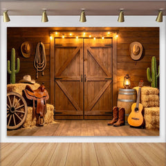 Lofaris Rustic Western Photography Backdrop with Barn Door and String Lights, Cowboy Ranch Theme Background for Studio Photoshoot