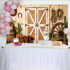 Lofaris Rustic Western Photography Backdrop with Distressed Barn Doors, Cowboy Boots and Cacti, Studio Photo Background