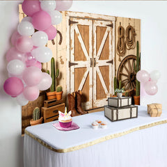 Lofaris Rustic Western Photography Backdrop with Distressed Barn Doors, Cowboy Boots and Cacti, Studio Photo Background