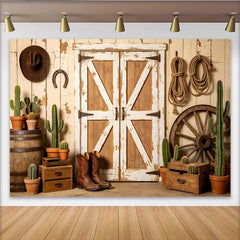 Lofaris Rustic Western Photography Backdrop with Distressed Barn Doors, Cowboy Boots and Cacti, Studio Photo Background