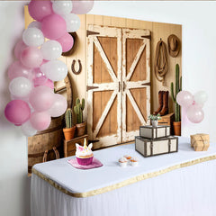 Lofaris Rustic Western Barn Door Photography Backdrop with Cowboy Props, Vintage Wood Wall Background for Farmhouse Party or Studio Photoshoot