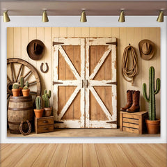 Lofaris Rustic Western Barn Door Photography Backdrop with Cowboy Props, Vintage Wood Wall Background for Farmhouse Party or Studio Photoshoot